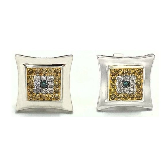 Genuine White, Yellow & Blue Diamonds Earrings 14K Gold